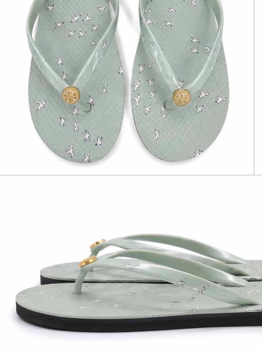 Tory Burch Mint Green Bird Print Flip Flops Sandals Logo Thong Slides - Picture 3 of 3